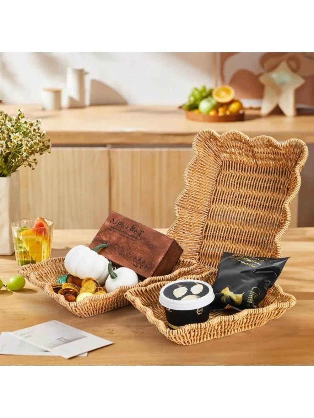 3 Pack Rectangular Woven Serving Baskets - Poly Wicker Fruit & Snack Trays